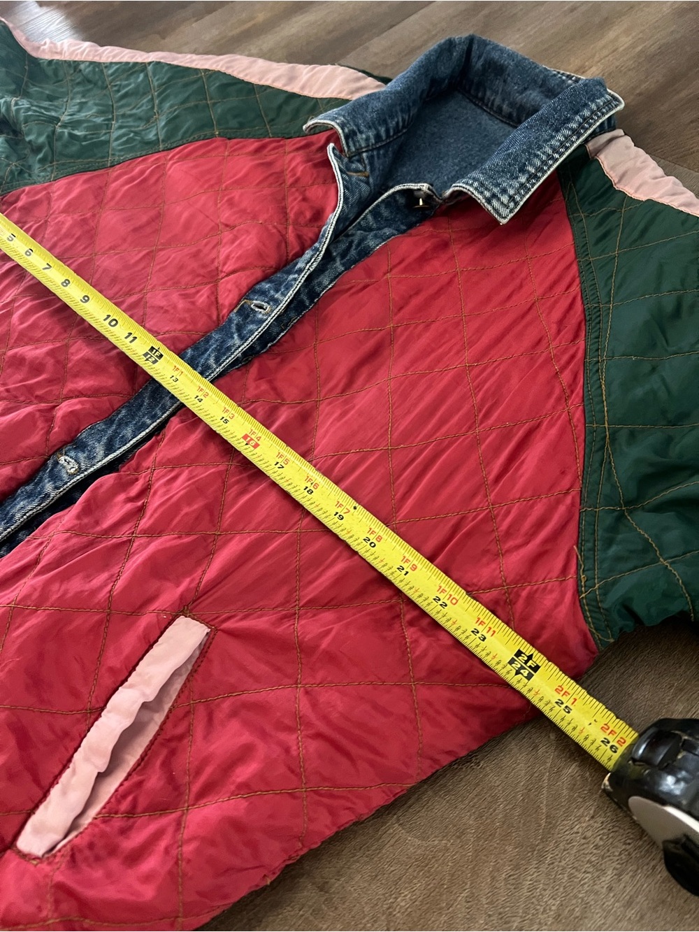 Vintage Two-Tone Reversible Denim Jacket with Green Sleeves and Pink Lining - Picture 6 of 6